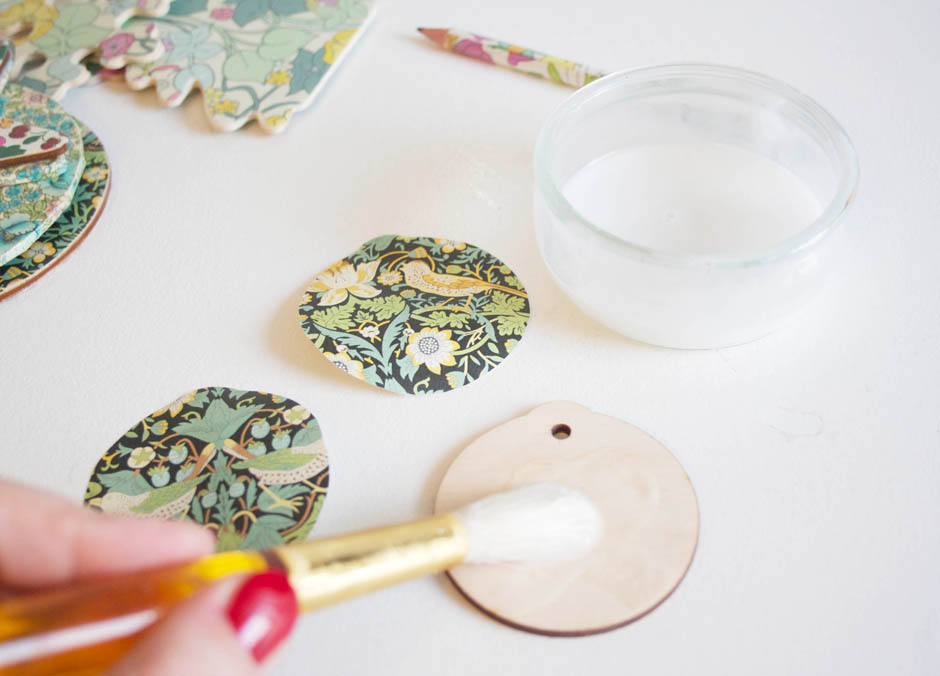 Liberty print baubles | Decoupage wooden cut outs to make tree baubles | Apartment Apothecary