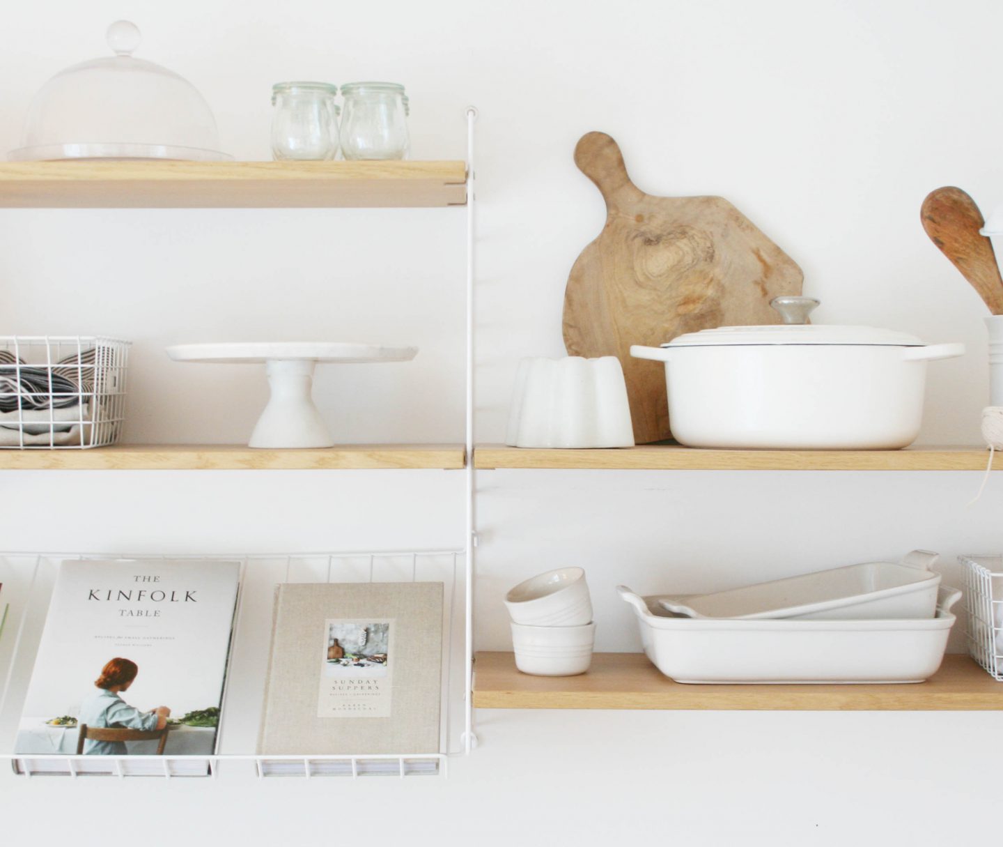 Cotton white Le Creuset | Styling neutrals in your home | Styling String Shelving | Apartment Apothecary